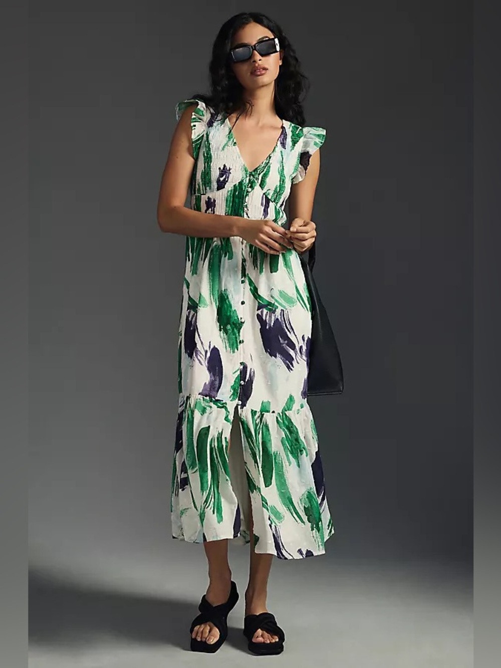 Anthropologie Peregrine Brushstroke V‑Neck Midi Dress in Green & Navy 💖💖